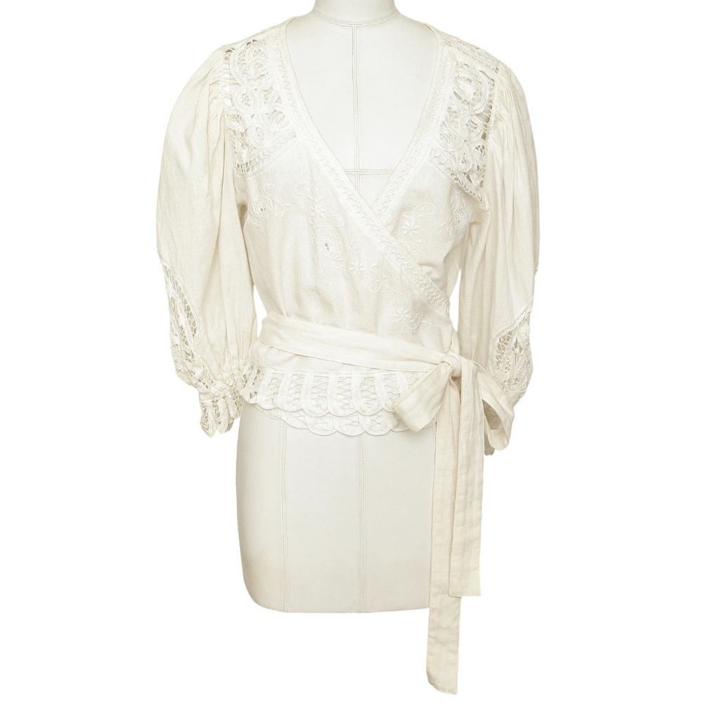 LOVESHACKFANCY White Blouse Top Shirt Wraparound 3/4 Sleeve Elastic Sz S $445